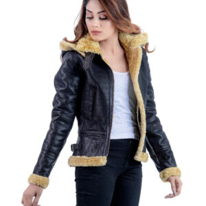 Women's Hooded Genuine Sheepskin Leather Flying Aviator Winter Jacket - Stylish and Warm Leather Jacket for Women