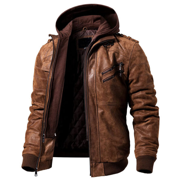 Brown genuine Leather Motorcycle Jacket with Removable Hood Embrace Adventure Slim Fit Bomber Hoodie